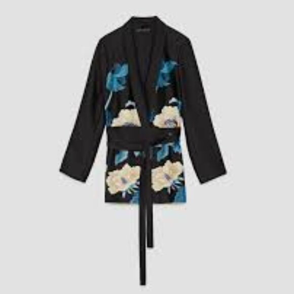 Zara Jackets & Blazers - Zara Floral Printed Black Tie-Waist Kimono Blazer Jacket Wrap Belt
